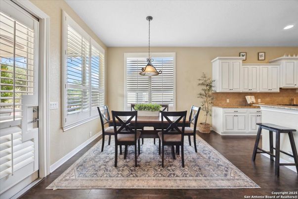 Dining room, Interior, Pendant Lights, Recessed Lighting, Wood Texture Flooring