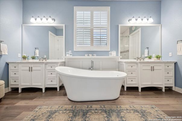 Bathroom, Dual Sink Vanities, Free Standing Baths, Interior, Wood Texture Flooring