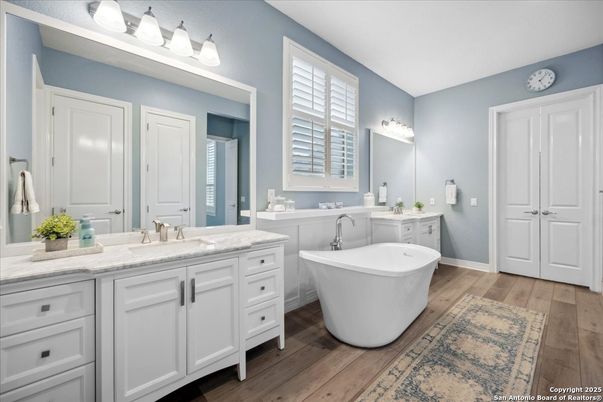 Bathroom, Dual Sink Vanities, Free Standing Baths, Interior, Wood Texture Flooring