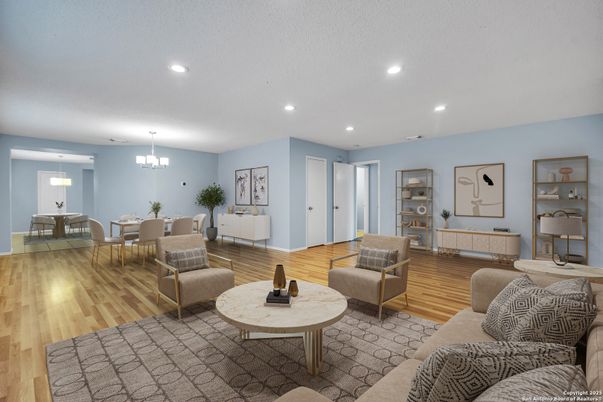 Chandelier, Dining room, Interior, Living room, Recessed Lighting, Wood Texture Flooring