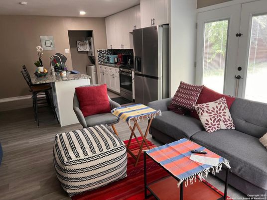 Interior, Kitchen, Living room, Recessed Lighting, Stainless Steel Appliances, Wood Texture Flooring