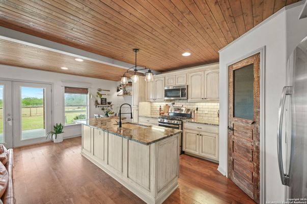 Interior, Kitchen, Pendant Lights, Recessed Lighting, Stainless Steel Appliances, Wooden Ceilings, Wood Texture Flooring