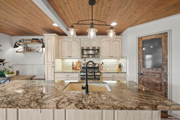 Interior, Kitchen, Pendant Lights, Recessed Lighting, Stainless Steel Appliances, Wooden Ceilings