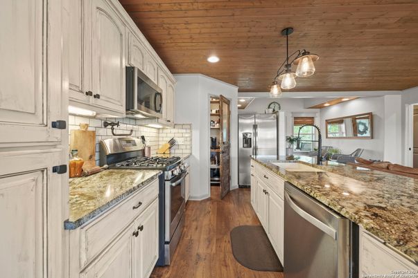 Interior, Kitchen, Pendant Lights, Recessed Lighting, Stainless Steel Appliances, Wooden Ceilings, Wood Texture Flooring