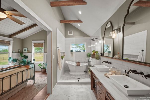 Bathroom, Dual Sink Vanities, Free Standing Baths, Interior, Recessed Lighting, Wooden Beams