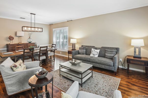 Dining room, Interior, Living room, Pendant Lights, Wood Texture Flooring