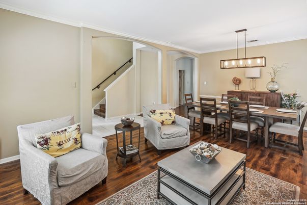 Dining room, Interior, Living room, Pendant Lights, Wood Texture Flooring