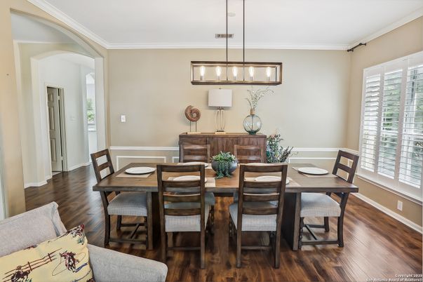 Dining room, Interior, Pendant Lights, Wood Texture Flooring