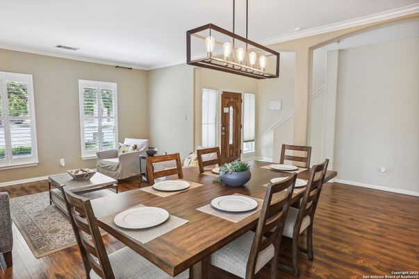 Dining room, Interior, Pendant Lights, Wood Texture Flooring