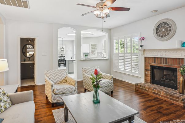 Fireplace, Interior, Kitchen, Living room, Pendant Lights, Wood Texture Flooring