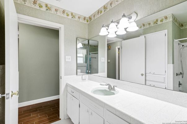 Bathroom, Interior, Tile Countertops, Wood Texture Flooring
