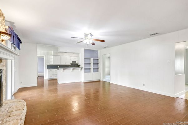 Empty room, Fireplace, Interior, Kitchen, Wood Texture Flooring