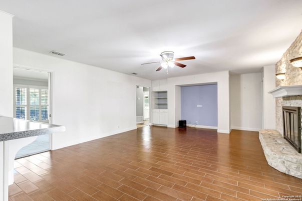 Empty room, Fireplace, Interior, Stone Walls, Wood Texture Flooring