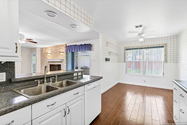 Fireplace, Interior, Kitchen, Stone Walls, Wood Texture Flooring
