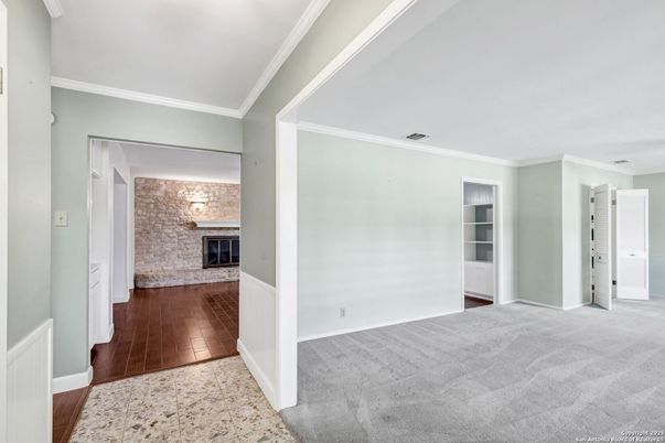 Empty room, Fireplace, Interior, Stone Walls, Wood Texture Flooring