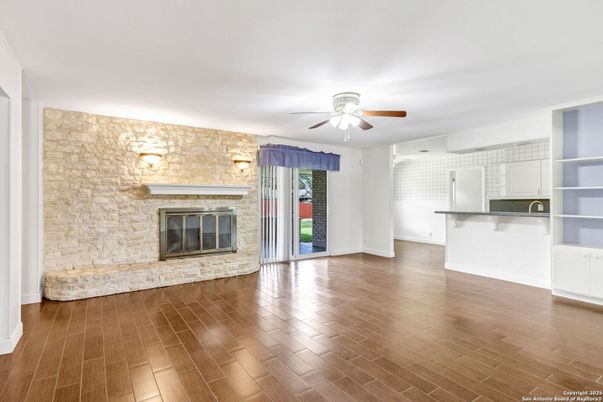 Empty room, Fireplace, Interior, Stone Walls, Wood Texture Flooring