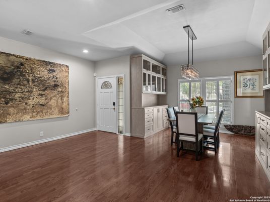 Dining room, Interior, Pendant Lights, Recessed Lighting, Wood Texture Flooring
