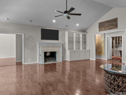 Empty room, Fireplace, Interior, Recessed Lighting, Wood Texture Flooring