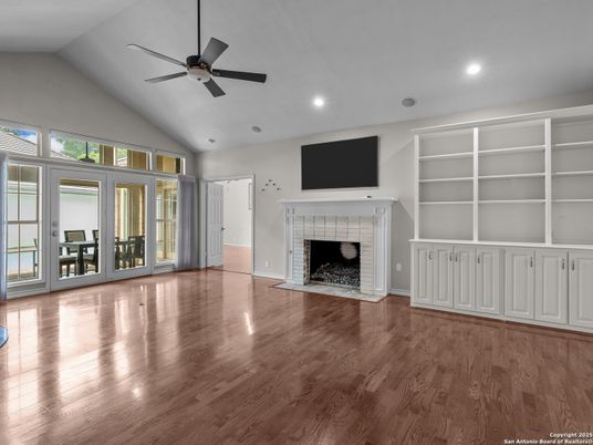 Empty room, Fireplace, Interior, Recessed Lighting, Wood Texture Flooring