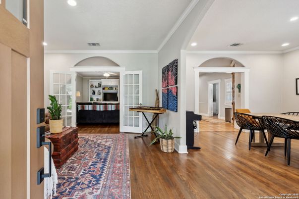 Dining room, Interior, Recessed Lighting, Wood Texture Flooring