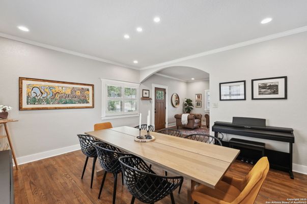 Dining room, Interior, Piano, Recessed Lighting, Wood Texture Flooring