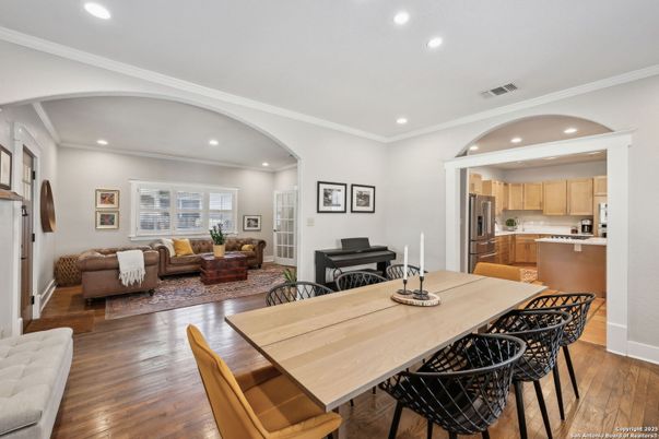 Dining room, Interior, Kitchen, Living room, Piano, Recessed Lighting, Stainless Steel Appliances, Wood Texture Flooring