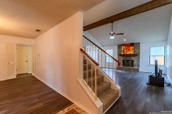 Fireplace, Interior, Recessed Lighting, Wood Texture Flooring