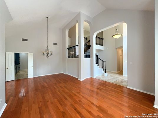 Chandelier, Empty room, Interior, Pendant Lights, Wood Texture Flooring