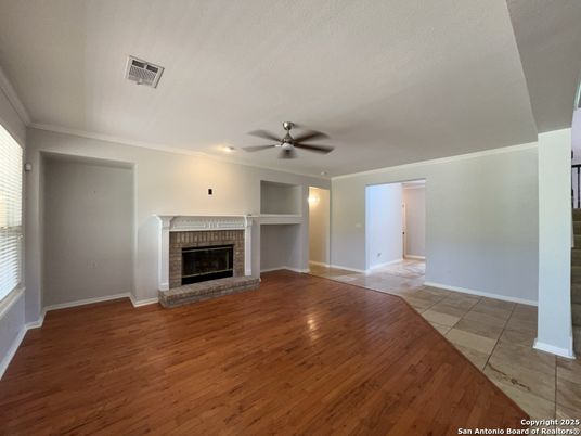 Empty room, Fireplace, Interior, Recessed Lighting, Wood Texture Flooring