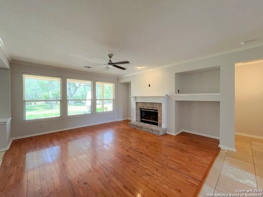 Empty room, Fireplace, Interior, Recessed Lighting, Wood Texture Flooring
