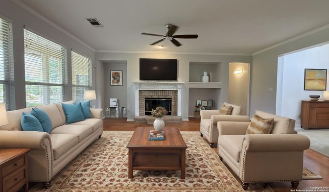 Fireplace, Interior, Living room, Recessed Lighting, Wood Texture Flooring