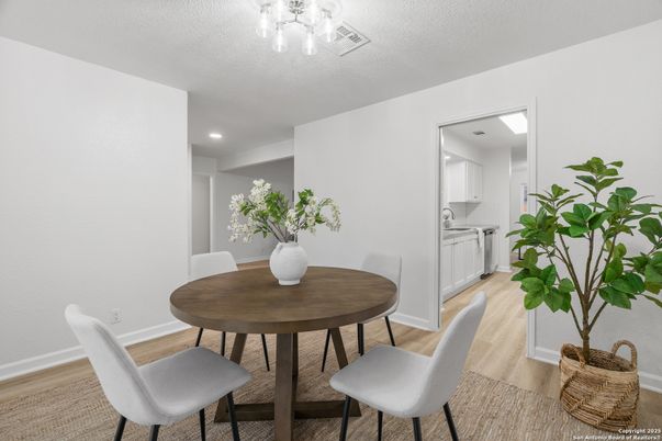 Dining room, Interior, Kitchen, Recessed Lighting, Wood Texture Flooring
