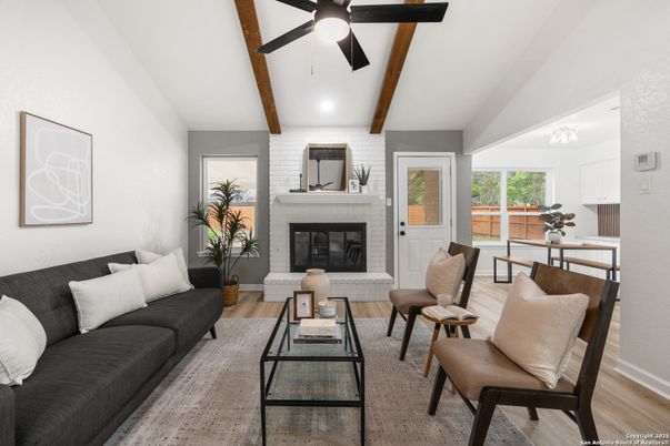 Fireplace, Interior, Living room, Recessed Lighting, Stone Walls, Wooden Beams, Wood Texture Flooring