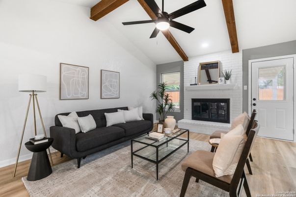 Fireplace, Interior, Living room, Recessed Lighting, Stone Walls, Wooden Beams, Wood Texture Flooring