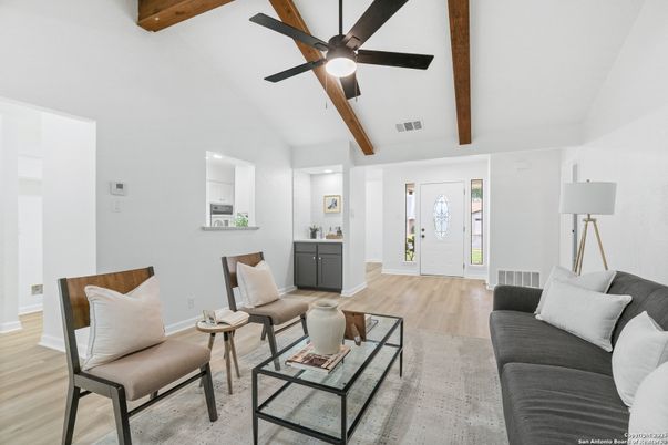 Interior, Living room, Recessed Lighting, Wooden Beams, Wood Texture Flooring