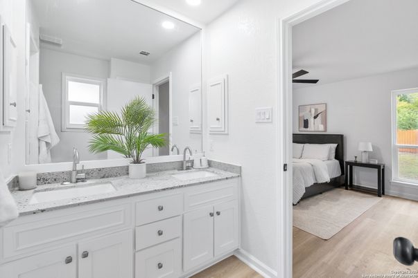 Bathroom, Bedroom, Dual Sink Vanities, Interior, Recessed Lighting, Wood Texture Flooring