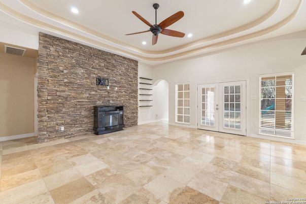 Empty room, Fireplace, Interior, Recessed Lighting, Stone Walls