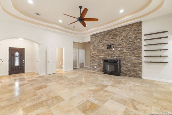 Fireplace, Interior, Recessed Lighting, Stone Walls