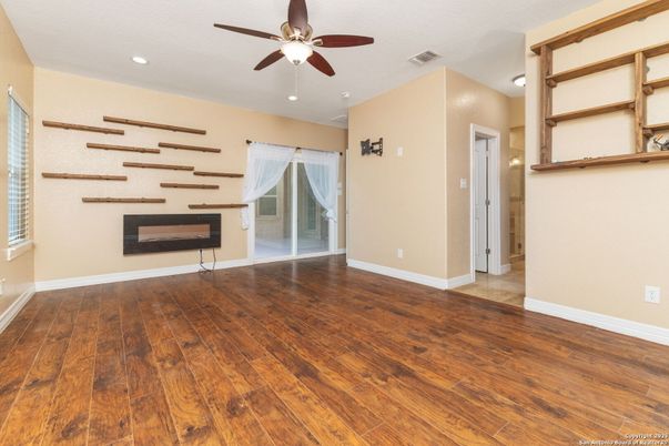 Empty room, Fireplace, Interior, Recessed Lighting, Wood Texture Flooring