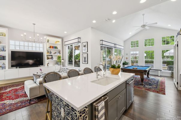 Billiard Table, Game Room, Interior, Kitchen, Living room, Pendant Lights, Recessed Lighting, Wood Texture Flooring