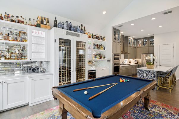 Billiard Table, Game Room, Interior, Kitchen, Recessed Lighting, Stainless Steel Appliances, Wood Texture Flooring