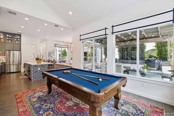 Billiard Table, Game Room, Interior, Kitchen, Recessed Lighting, Stainless Steel Appliances, Wood Texture Flooring