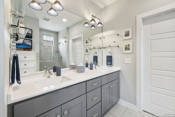 Bathroom, Dual Sink Vanities, Glass Shower, Interior, Recessed Lighting
