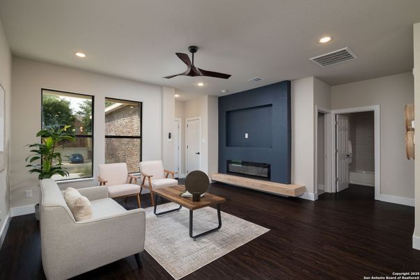 Fireplace, Interior, Living room, Recessed Lighting, Wood Texture Flooring