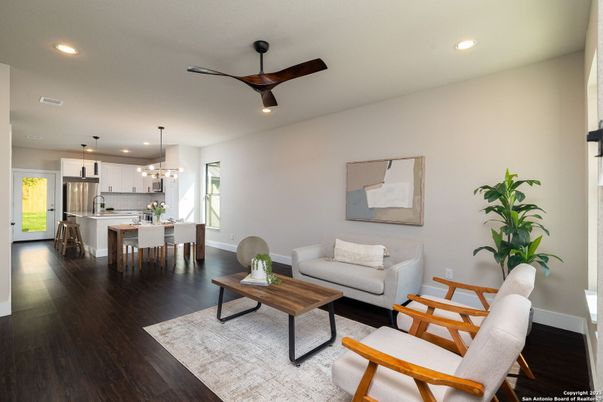Dining room, Interior, Kitchen, Living room, Pendant Lights, Recessed Lighting, Stainless Steel Appliances, Wood Texture Flooring