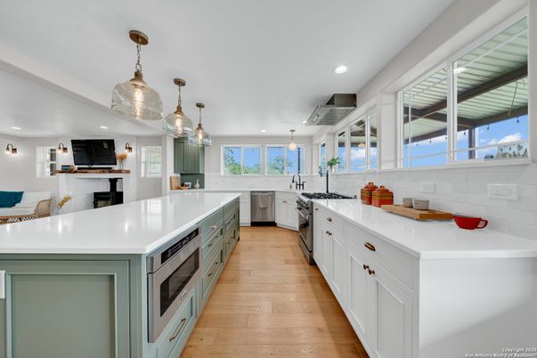 Interior, Kitchen, Pendant Lights, Recessed Lighting, Stainless Steel Appliances, Wood Texture Flooring