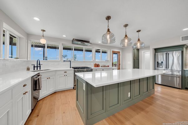 Interior, Kitchen, Pendant Lights, Recessed Lighting, Stainless Steel Appliances, Wood Texture Flooring