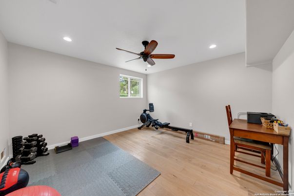 Fitness Equipment, Home Office, Interior, Recessed Lighting, Wood Texture Flooring