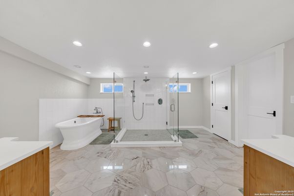 Bathroom, Free Standing Baths, Glass Shower, Interior, Marble, Recessed Lighting