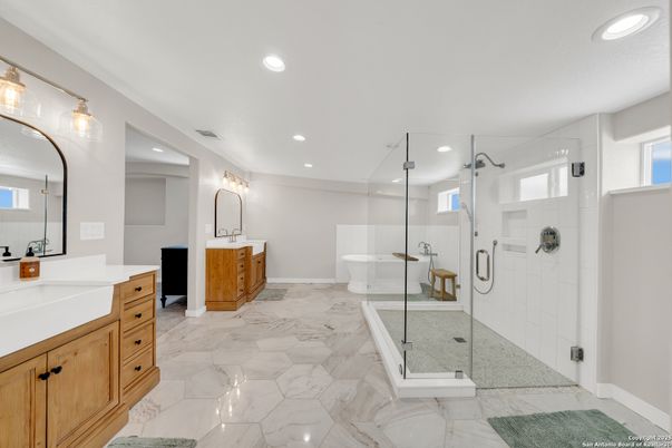 Bathroom, Dual Sink Vanities, Free Standing Baths, Glass Shower, Interior, Marble, Recessed Lighting
